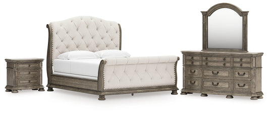 Ardenfield King Upholstered Sleigh Bed with Mirrored Dresser and Nightstand