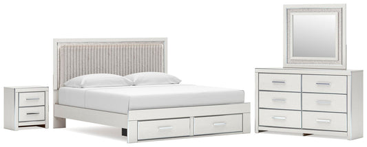 Zuraleus King Upholstered Panel Platform Storage Bed, Dresser, Mirror and Nightstand
