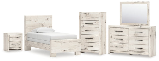Lawroy Twin Panel Bed with Mirrored Dresser, Chest and Nightstand