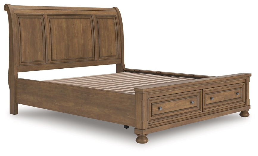 Feddinger California King Storage Sleigh Bed with Mirrored Dresser and Nightstand