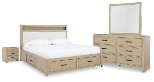 Calmoro California King Bookcase Bed with Mirrored Dresser and Nightstand