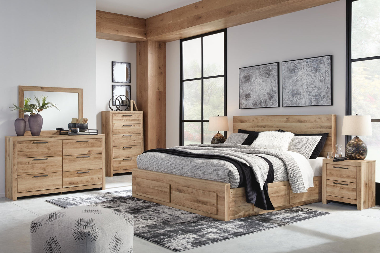 Hyanna King Panel Storage Bed with 1 Under Bed Storage Drawer, Dresser, Mirror, Chest and Nightstand