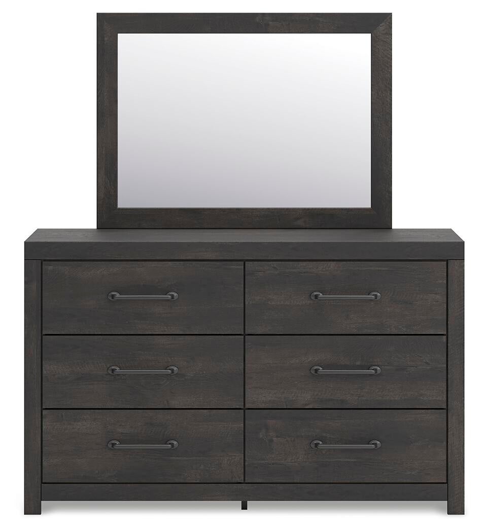 Delmorta King Panel Bed, Dresser, Mirror, Chest and Nightstand
