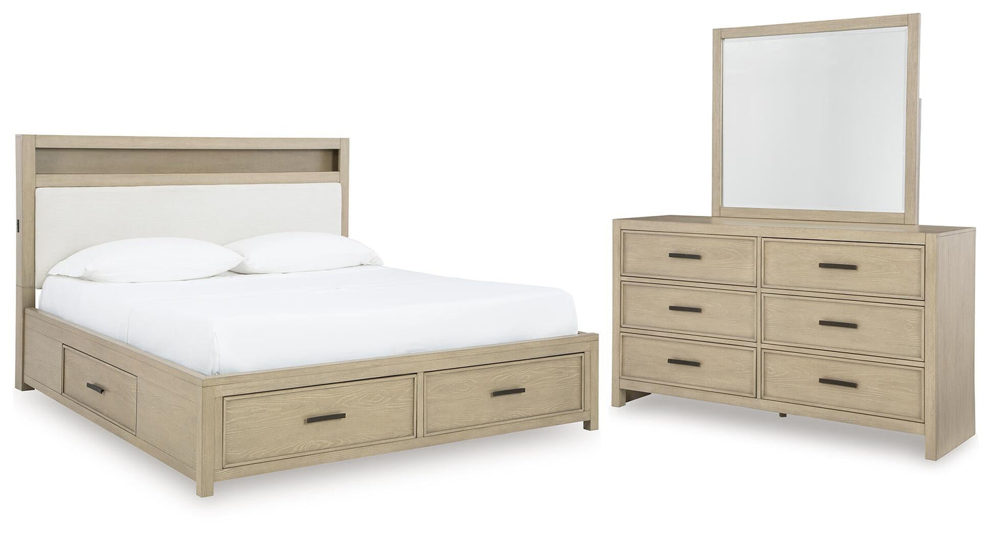 Calmoro Queen Bookcase Bed with Mirrored Dresser
