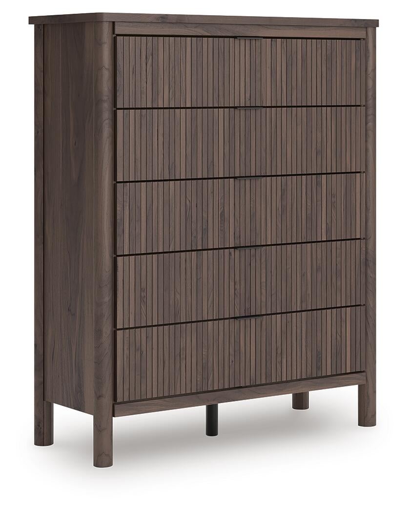 Pamytta Queen Upholstered Panel Platform Bed, Dresser, Mirror, Chest and Nightstand