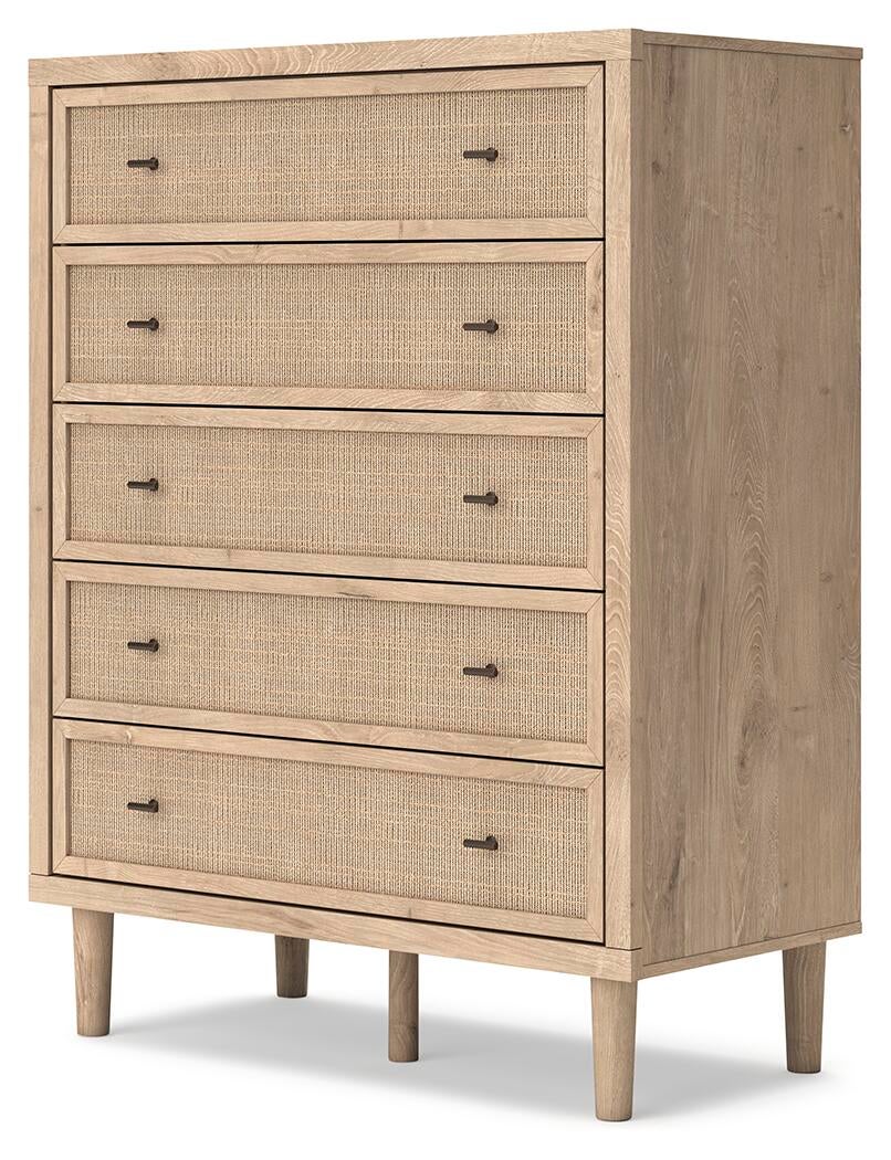 Cielden Full Upholstered Bed with Roll Slats, Dresser, Mirror, Chest and Nightstand