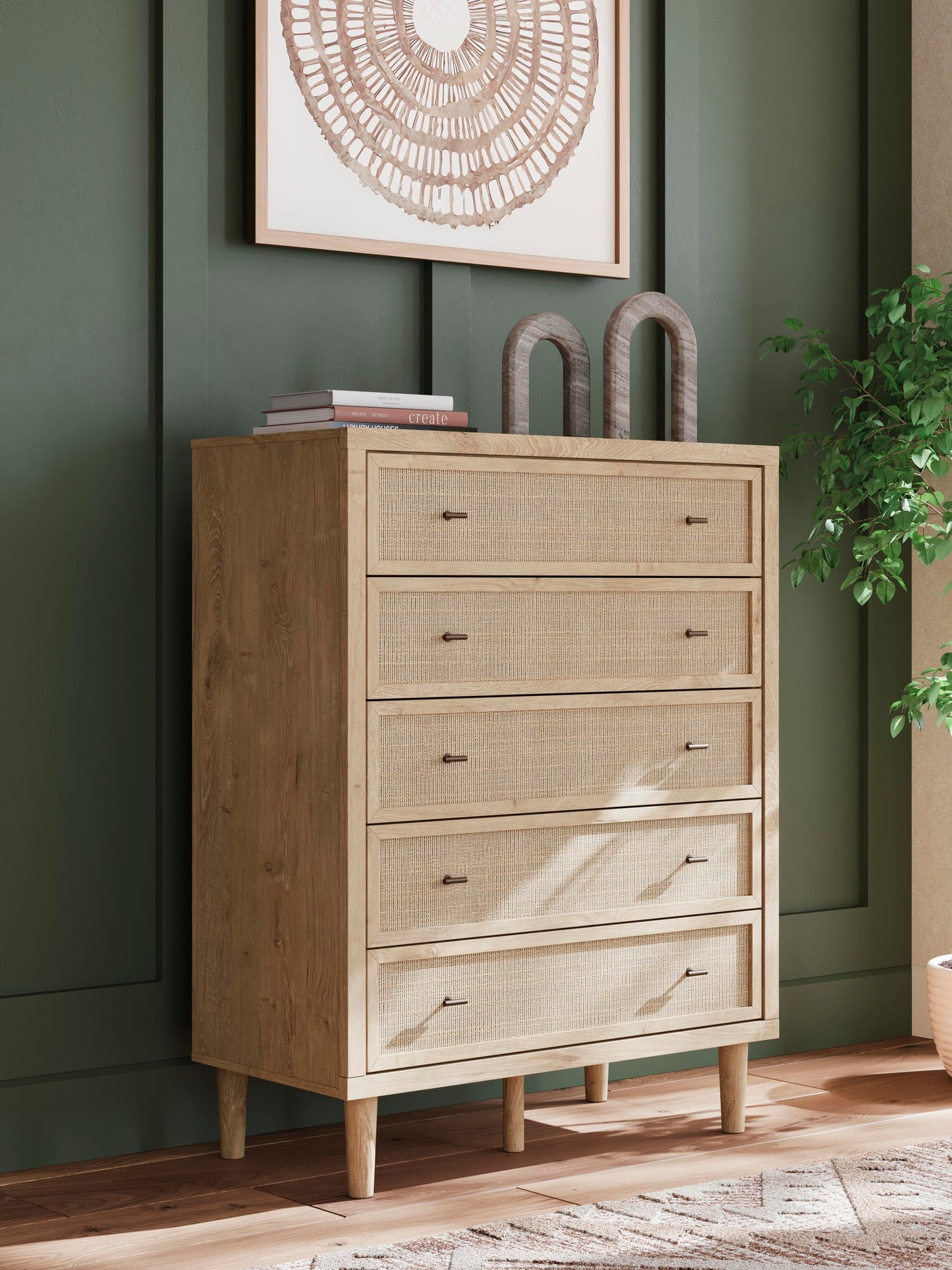 Cielden Full Upholstered Bed with Roll Slats, Dresser, Mirror, Chest and Nightstand