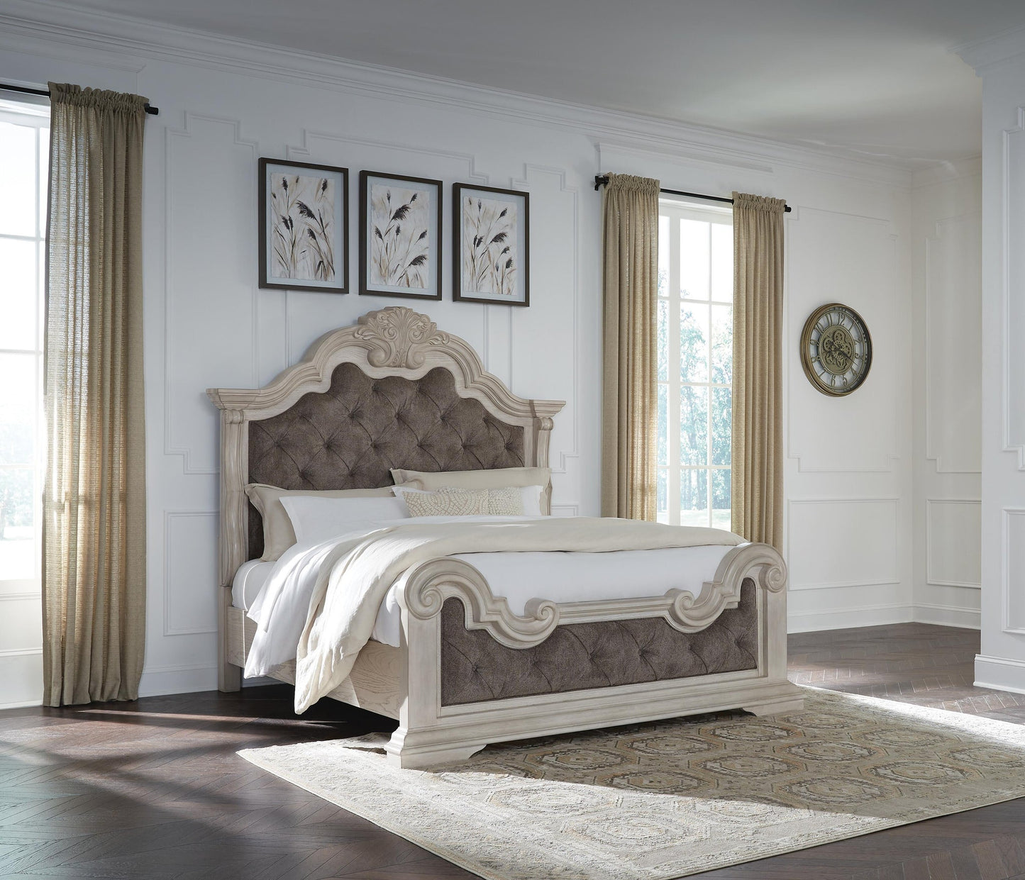 Andonhall King Upholstered Panel Bed with Mirrored Dresser