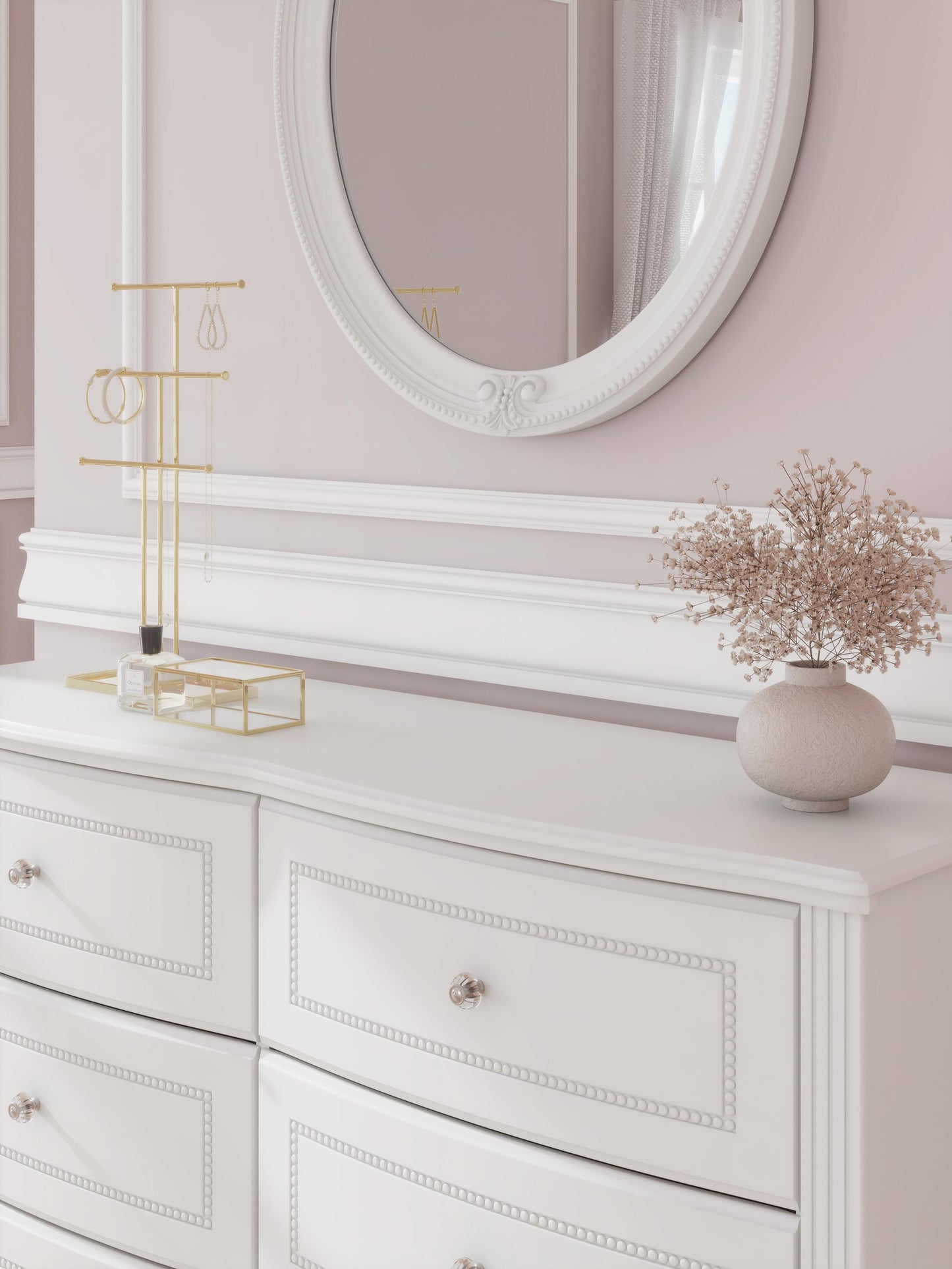 Maylilly Twin Upholstered Panel Bed, Dresser and Mirror